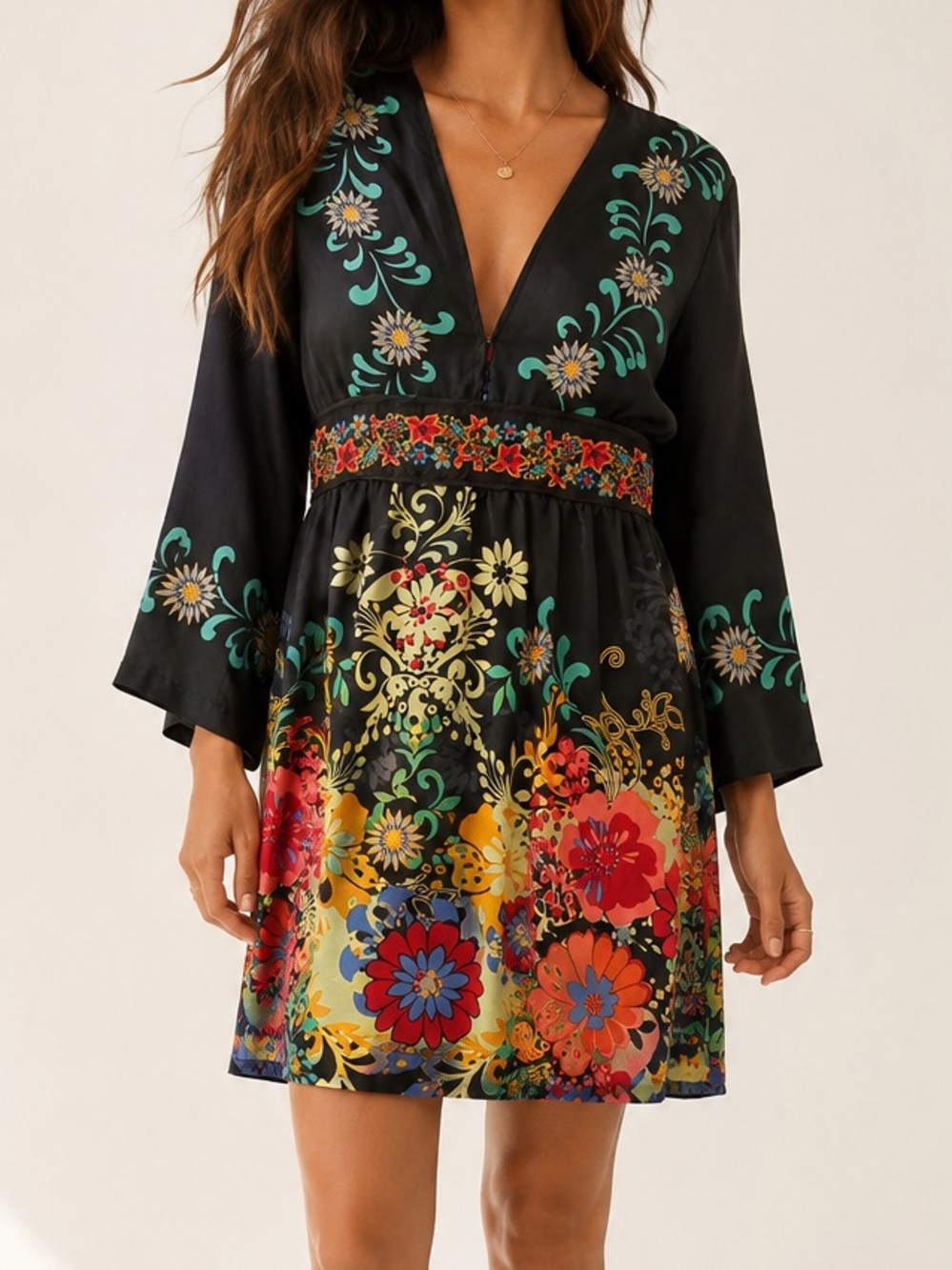Johnny Was | 100% Silk Floral Plunge V-Neck Belted Boho Tunic Dress Size M